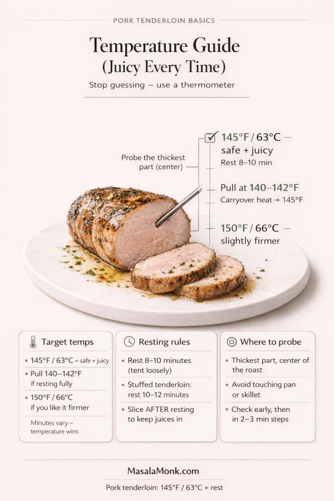 Pork tenderloin internal temperature guide showing thermometer placement in the thickest center, target 145°F (63°C) with 8–10 minute rest, optional pull at 140–142°F for carryover heat, and 150°F (66°C) for a firmer finish.