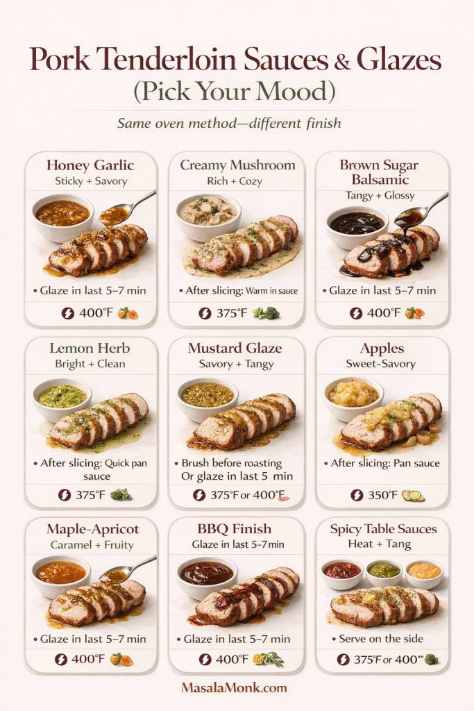 Infographic chart of pork tenderloin sauces and glazes, including honey garlic, creamy mushroom, brown sugar balsamic, lemon herb, mustard glaze, apples, maple-apricot, BBQ finish, and spicy table sauces with timing tips.
