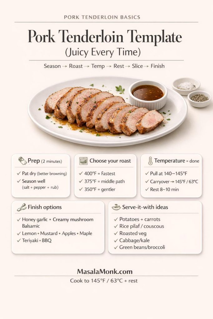 Pork tenderloin template infographic showing sliced pork tenderloin on a white plate with pan juices and five cards: prep (pat dry, season), oven roast temps (400°F, 375°F, 350°F), internal temperature (pull 140–145°F, carryover to 145°F/63°C, rest 8–10 min), finish options (honey garlic, creamy mushroom, balsamic, lemon, mustard, apples, maple, teriyaki, BBQ), and serve-with ideas. MasalaMonk.com branding at bottom.