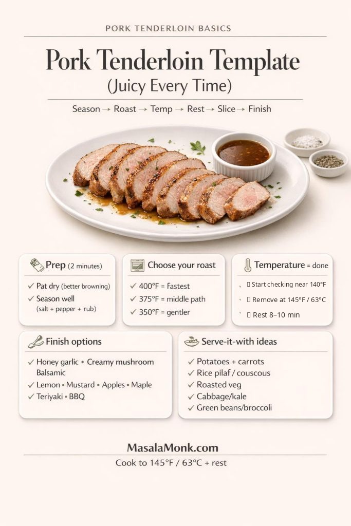 Pork tenderloin template infographic showing prep, 350°F, 375°F, and 400°F oven options, start checking near 140°F, remove at 145°F (63°C), rest 8–10 minutes, then choose a sauce and side.
