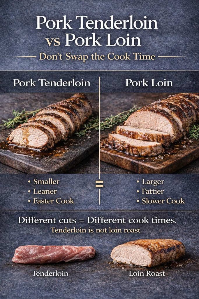 Infographic comparing pork tenderloin vs pork loin for slow cooking, showing tenderloin is smaller and leaner with a faster cook, while pork loin is larger and fattier with a slower cook, plus a note not to swap cook times when making slow cooker pork tenderloin.