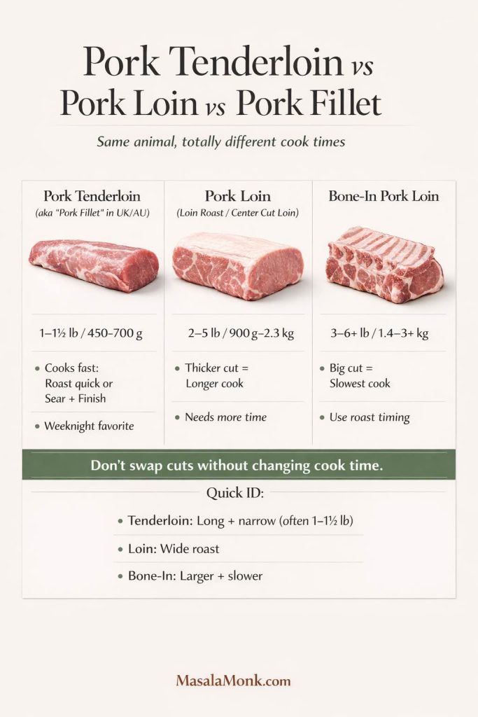 Infographic comparing pork tenderloin vs pork loin vs pork fillet, showing typical weights and why cook times differ so you don’t swap cuts without adjusting timing.