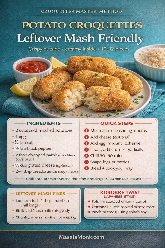 Potato croquettes are the easiest starting point because mashed potatoes bind naturally. This quick card gives you the exact ingredient ratios, the chill window (30–60 minutes), and the 3 “leftover mash” fixes (loose/stiff/chunky), plus a Japanese korokke-style twist—so you can get crisp, golden croquettes without guessing.