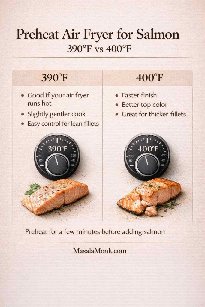 Preheat air fryer for salmon infographic comparing 390°F vs 400°F, showing when to use each temperature for air fryer salmon based on air fryer heat, fillet thickness, and desired top color.