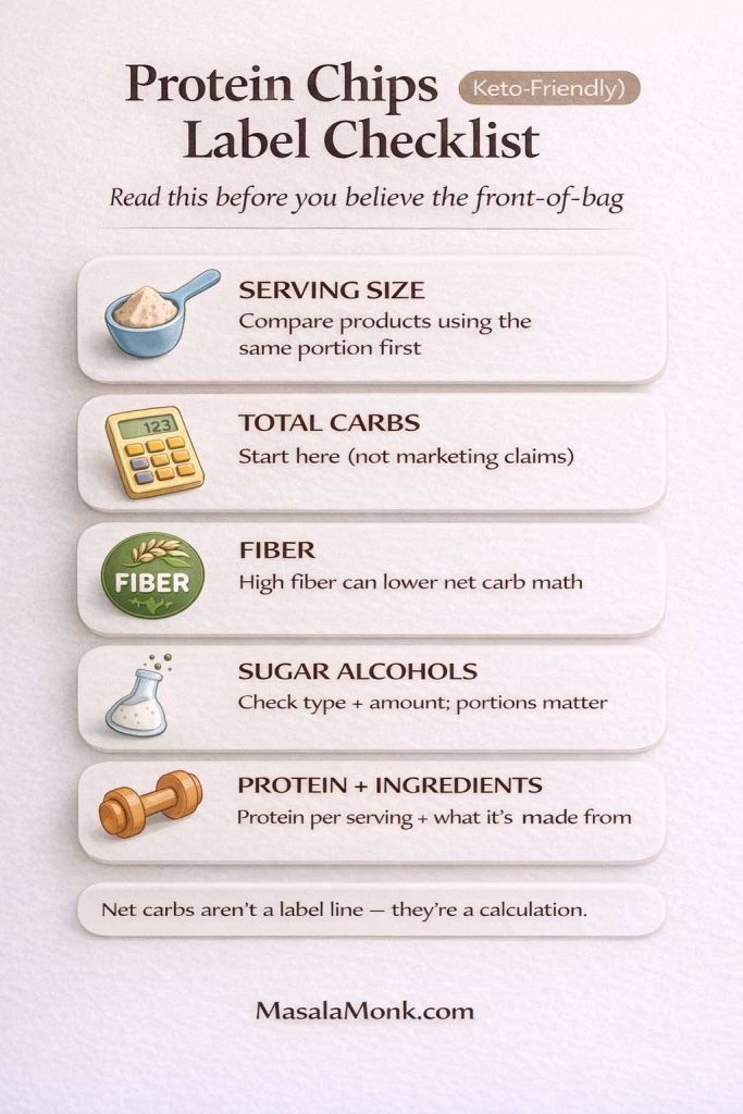 Protein chips label checklist infographic for keto: five items to check before buying—serving size, total carbs, fiber, sugar alcohols, and protein plus ingredients. Warm-cream background with rounded cards and small icons (bowl, calculator, fiber badge, beaker, dumbbell). Footer reads MasalaMonk.com.