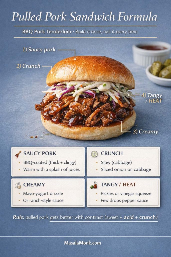 Infographic titled “Pulled Pork Sandwich Formula” for BBQ pork tenderloin, showing a pulled pork sandwich with labeled layers: 1) saucy pork, 2) crunch, 3) creamy, 4) tangy/heat. Includes four boxes with ideas: BBQ-coated pork warmed with a splash of juices; slaw or sliced onion/cabbage for crunch; mayo-yogurt drizzle or ranch-style sauce for creamy; pickles/vinegar squeeze and a few drops of pepper sauce for tangy/heat. Rule: contrast makes it better.