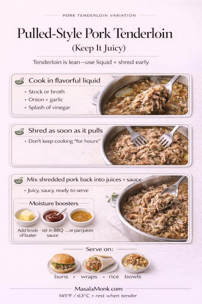 Pulled-style pork tenderloin “keep it juicy” guide showing 3 steps: cook tenderloin in flavorful liquid (stock/broth, onion, garlic, splash of vinegar), shred as soon as it pulls (don’t cook for hours), then mix shredded pork back into the juices + sauce. Includes moisture boosters (butter, BBQ sauce, pan juices) and serving ideas (buns, wraps, rice bowls). MasalaMonk.com branding.