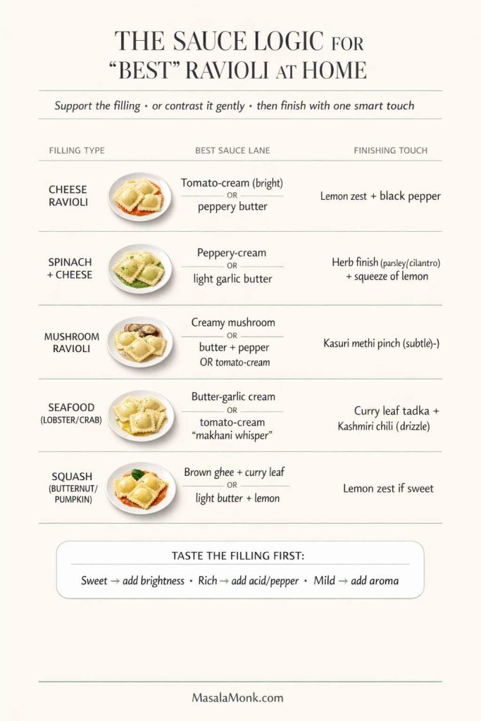 Vertical decision chart titled “The Sauce Logic for ‘Best’ Ravioli at Home.” Five rows match filling types—cheese, spinach + cheese, mushroom, seafood (lobster/crab), and squash (butternut/pumpkin)—to best sauce lanes and finishing touches like lemon zest + black pepper, kasuri methi pinch, and curry leaf tadka with Kashmiri chili. MasalaMonk.com at bottom.