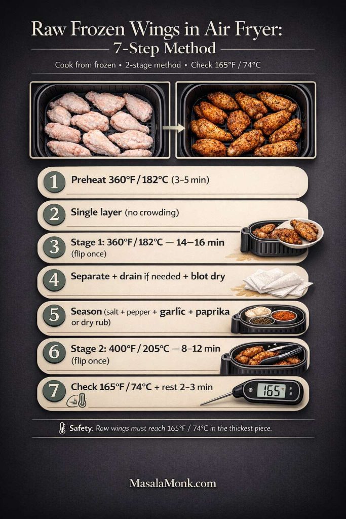 Infographic showing raw frozen chicken wings in an air fryer with a 7-step method: preheat 360°F/182°C, cook in a single layer 14–16 min (flip once), separate/drain/blot dry, season, crisp at 400°F/205°C for 8–12 min (flip once), then check 165°F/74°C and rest 2–3 min.