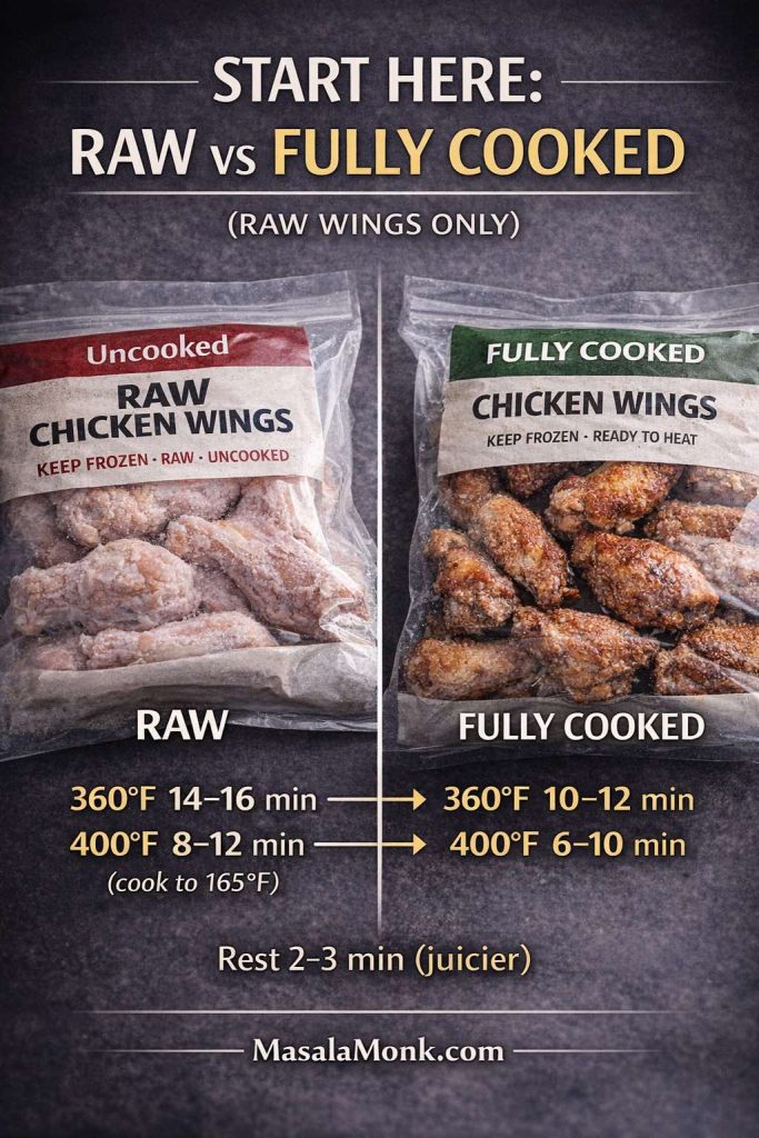 Split comparison graphic showing bagged frozen chicken wings: raw/uncooked on the left and fully cooked/ready-to-heat on the right. It lists a two-stage air fryer method. Raw wings: 360°F for 14–16 minutes, then 400°F for 8–12 minutes (cook to 165°F). Fully cooked wings: 360°F for 10–12 minutes, then 400°F for 6–10 minutes. Rest 2–3 minutes. MasalaMonk.com footer.