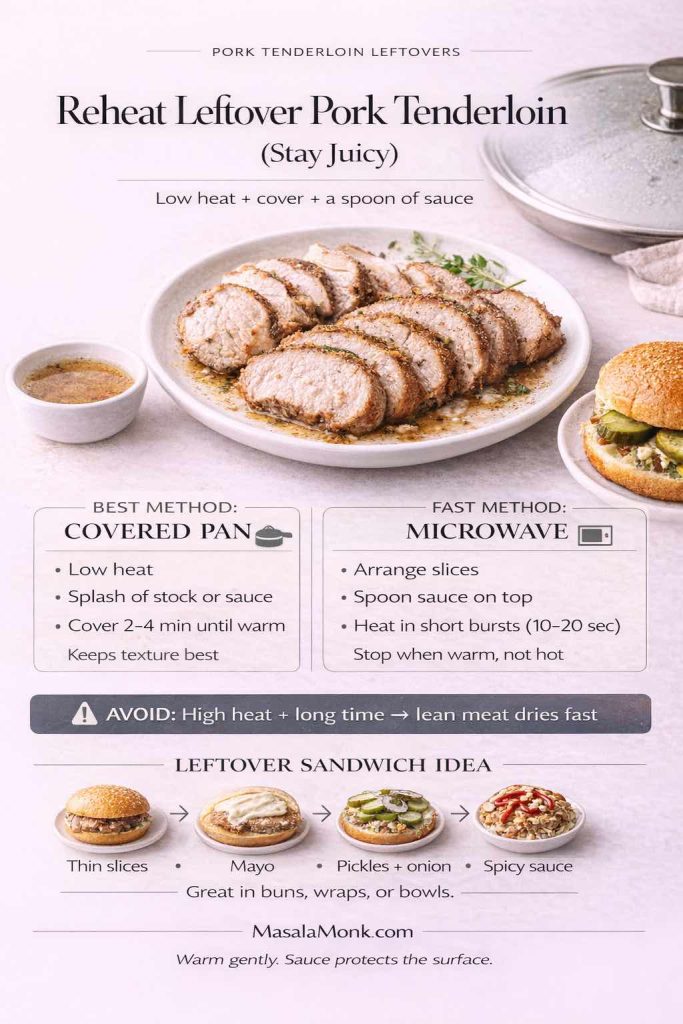 Portrait infographic titled “Reheat Leftover Pork Tenderloin (Stay Juicy)” showing sliced pork tenderloin on a plate with a small sauce cup and a skillet lid in the background. Two tip boxes compare reheating methods: covered pan on low heat with a splash of stock or sauce for 2–4 minutes, and microwave in short 10–20 second bursts with sauce on top. A warning bar says avoid high heat and long time. Bottom row shows a leftover sandwich idea: thin slices, mayo, pickles and onion, spicy sauce. MasalaMonk.com branding at the bottom.