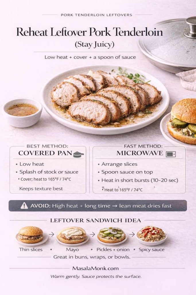 Infographic showing how to reheat leftover pork tenderloin gently in a covered pan or microwave, with a target of 165°F (74°C), plus a quick pork tenderloin sandwich idea.
