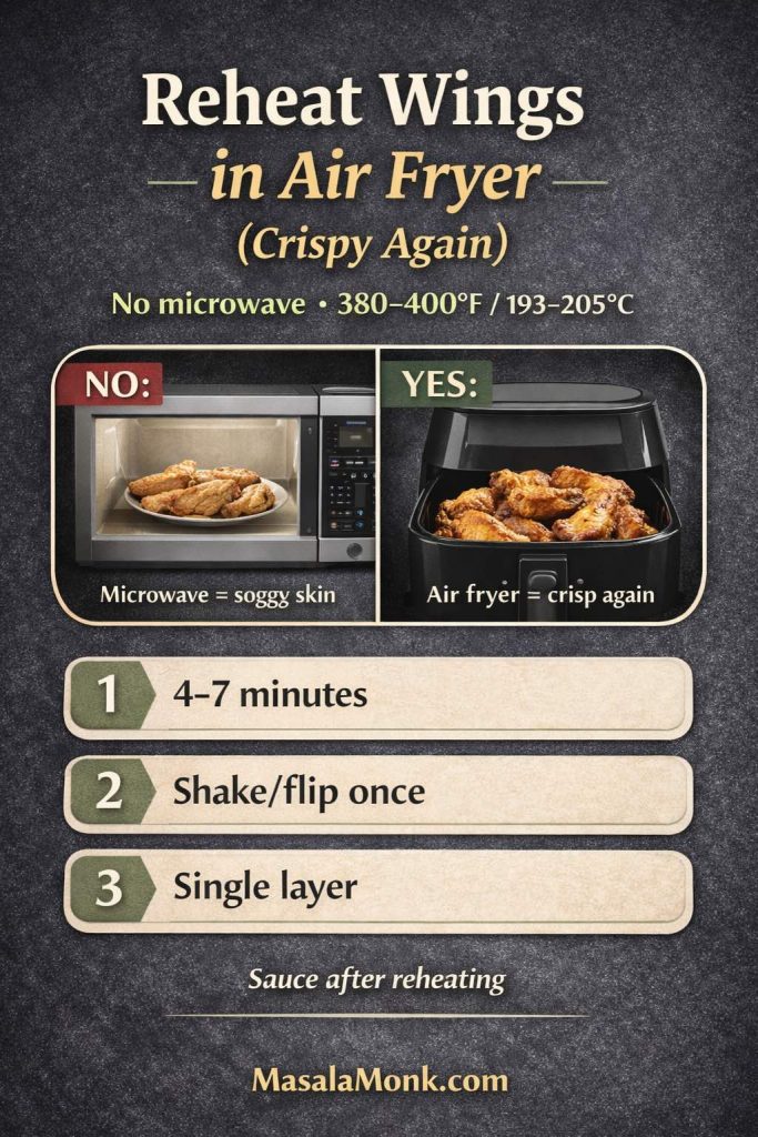 Reheating chicken wings in an air fryer: avoid the microwave. Reheat at 380–400°F (193–205°C) for 4–7 minutes, shake or flip once, keep wings in a single layer, and sauce after reheating for crisp skin.