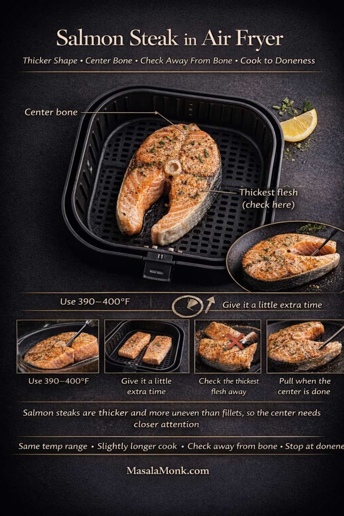 This salmon steak in air fryer guide shows how steak cuts cook differently from fillets: they’re thicker, shaped unevenly around the center bone, and need a little extra time. Use the same 390–400°F range, then check the thickest flesh away from the bone for a better doneness read and more reliable texture.
