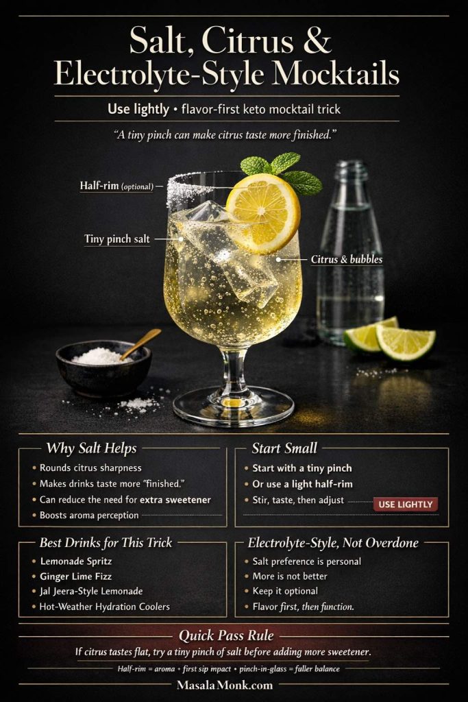 Dark luxe infographic titled “Salt, Citrus & Electrolyte-Style Mocktails.” It shows a sparkling citrus keto mocktail in a stemmed glass with a subtle half-salted rim, lemon slice, mint, and bubbles, plus a small salt bowl and citrus wedges. Text explains why a tiny pinch of salt helps flavor, how to start small with a pinch or half-rim, best drinks for the trick (lemonade spritz, ginger lime fizz, jal jeera-style lemonade, hydration coolers), and a quick rule to try salt before adding more sweetener.