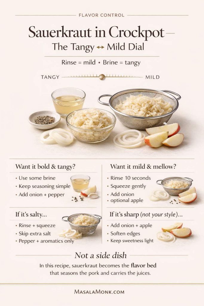 Different jars of sauerkraut can taste completely different—so don’t guess. Use this tangy vs mild dial to steer your flavor before the pork goes in: brine = tangier, quick rinse + gentle squeeze = milder. If your kraut tastes too salty, rinse and skip extra salt. If it tastes sharp, lean on onion + apple to soften the edges without turning dinner sweet. This one small adjustment makes crock pot pork chops and sauerkraut taste balanced every time.