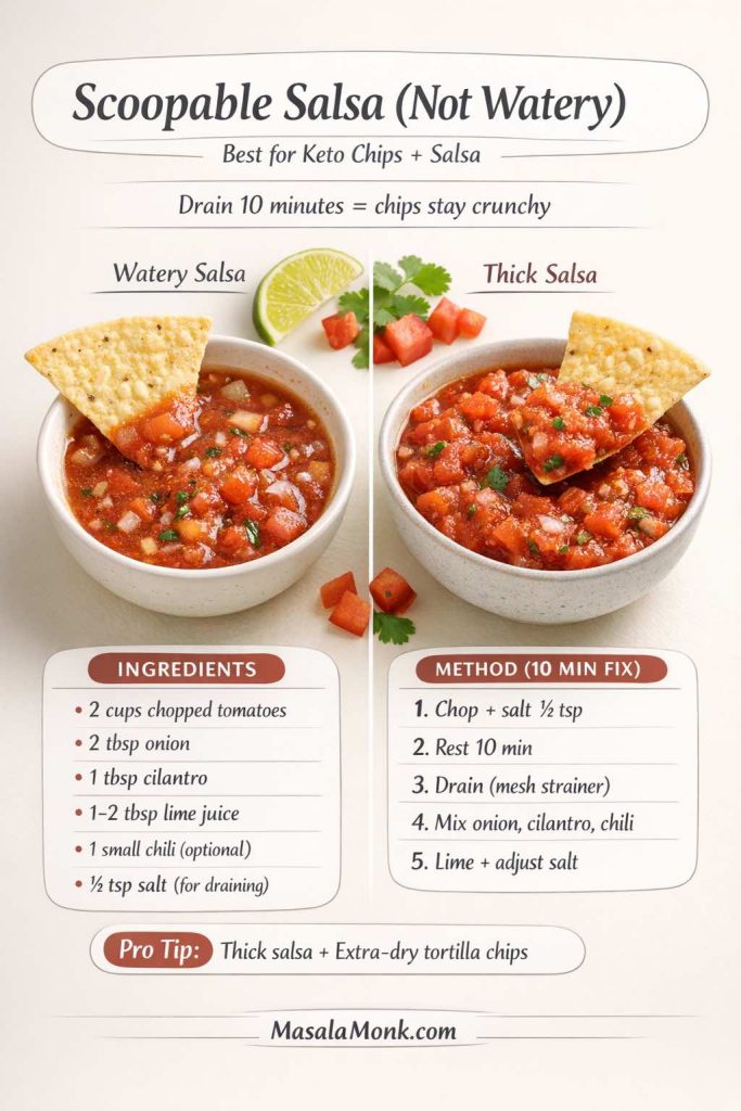 Portrait recipe-card graphic titled “Scoopable Salsa (Not Watery)” showing a side-by-side comparison: watery salsa vs thick salsa with a tortilla-style keto chip dipping in each bowl. Text overlay explains “Drain 10 minutes = chips stay crunchy” and lists ingredients (tomatoes, onion, cilantro, lime, chili, salt) plus a 10-minute method (chop+salt, rest, drain, mix, lime). MasalaMonk.com footer.