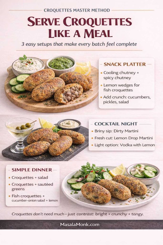 Infographic titled ‘Serve Croquettes Like a Meal’ showing three serving ideas: a snack platter with cooling chutney, spicy chutney, lemon wedges, and crunchy sides like cucumbers/pickles/salad; a cocktail night pairing croquettes with a dirty martini, lemon drop martini, or vodka with lemon; and a simple dinner with croquettes plus salad or sautéed greens, including a fish croquettes option with cucumber-onion salad and lemon.