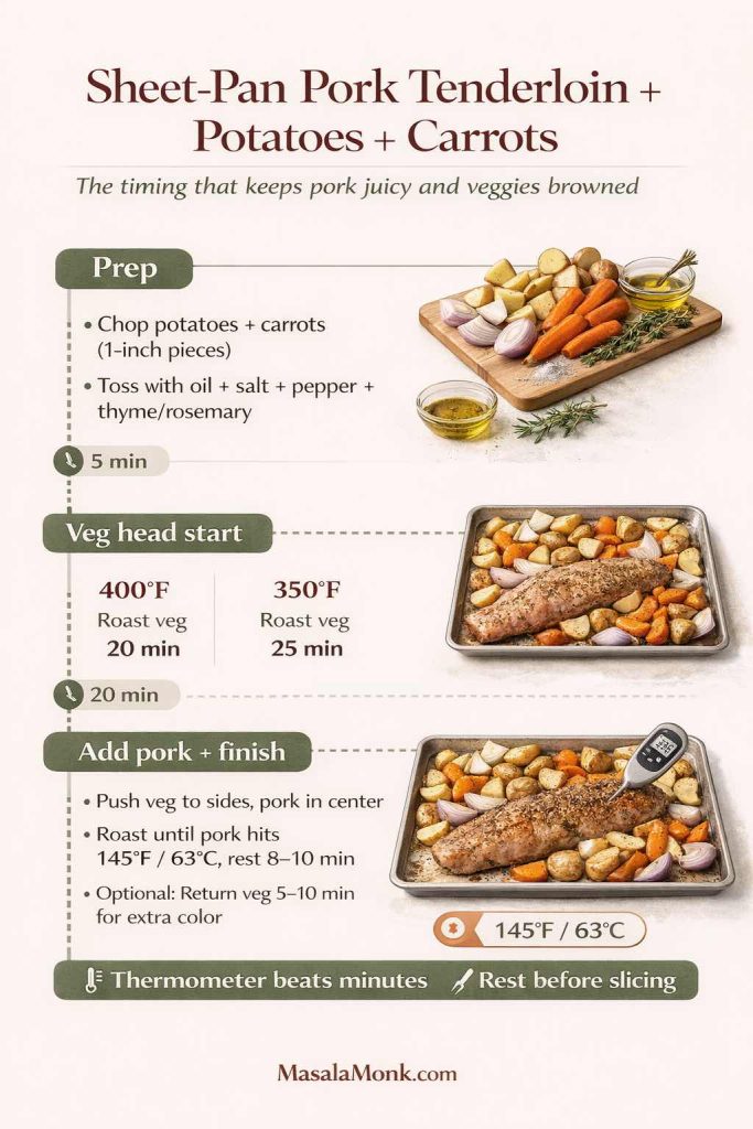 Step-by-step sheet-pan pork tenderloin with potatoes and carrots timing guide, showing veggie head start at 400°F or 350°F and finishing pork to 145°F (63°C) with resting tips.