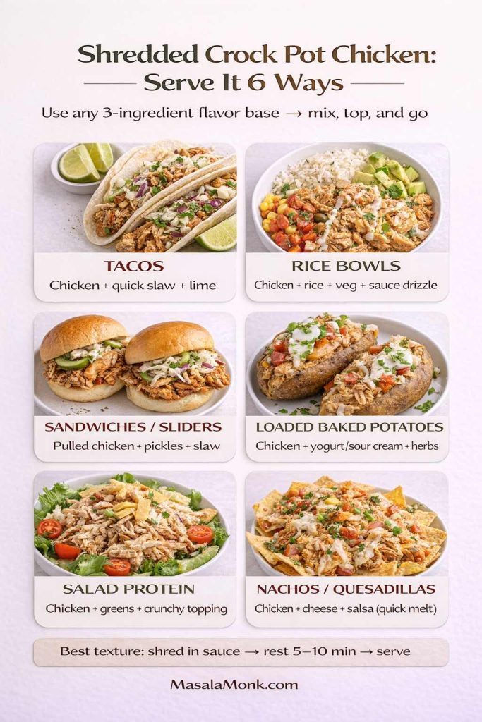 Vertical infographic titled “Shredded Crock Pot Chicken: Serve It 6 Ways” showing six meal ideas in a 2×3 grid: tacos, rice bowls, sandwiches/sliders, loaded baked potatoes, salad protein, and nachos/quesadillas. Includes a tip: shred chicken in sauce, rest 5–10 minutes, then serve.