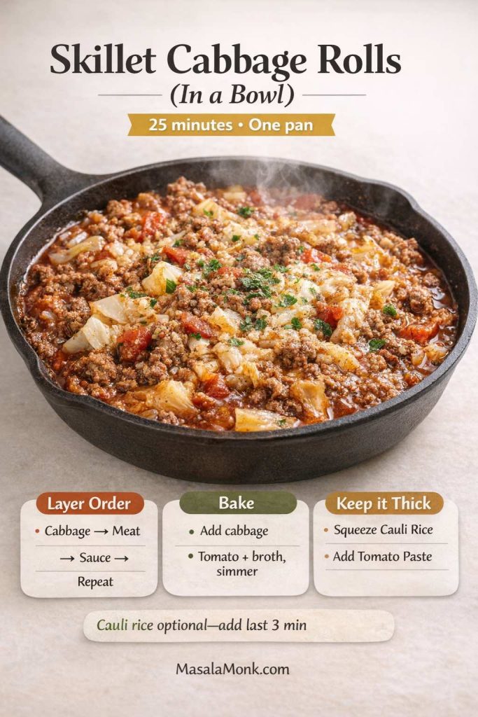 Skillet filled with “cabbage roll in a bowl” mixture: ground beef, tender cabbage, tomatoes, and herbs in a saucy garlic-paprika tomato base. Text overlay reads “Skillet Cabbage Rolls (In a Bowl) — 25 minutes • One pan” and includes quick steps: brown beef with garlic and paprika, add cabbage, add tomato + broth and simmer, finish with olive oil/sour cream/parmesan. Note says cauliflower rice is optional—add in the last 3 minutes. MasalaMonk.com footer.