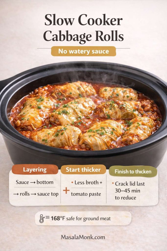 Photoreal slow cooker filled with cabbage rolls in rich tomato sauce, sprinkled with herbs, with steam rising. Text overlay reads “Slow Cooker Cabbage Rolls — No watery sauce” and shows three tip boxes: layering (sauce bottom → rolls → sauce top), start thicker (less broth + tomato paste), and finish to thicken (crack lid last 30–45 min to reduce). A thermometer icon notes safe internal temperature for ground meat. MasalaMonk.com footer.