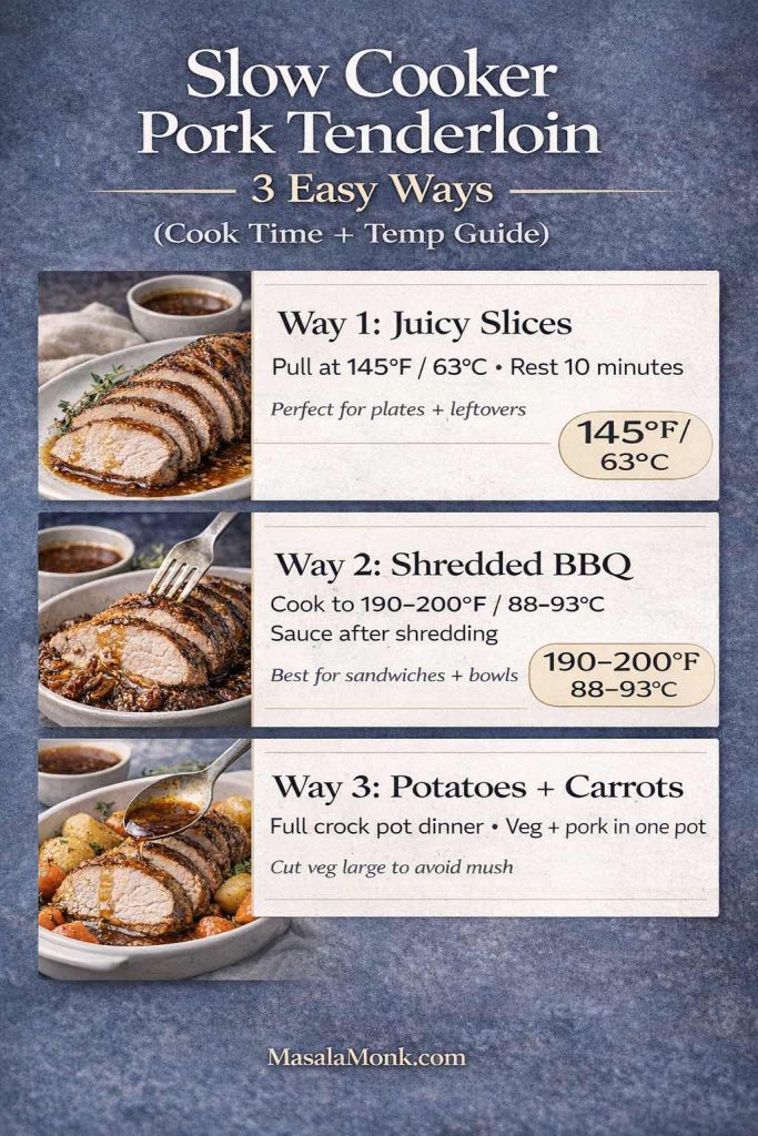 Infographic titled “Slow Cooker Pork Tenderloin: 3 Easy Ways” showing three methods: juicy slices pulled at 145°F (63°C) with a 10-minute rest, shredded BBQ cooked to 190–200°F (88–93°C) and sauced after shredding, and a potatoes-and-carrots crock pot dinner, on a cool slate background with food photos and MasalaMonk.com in the footer.