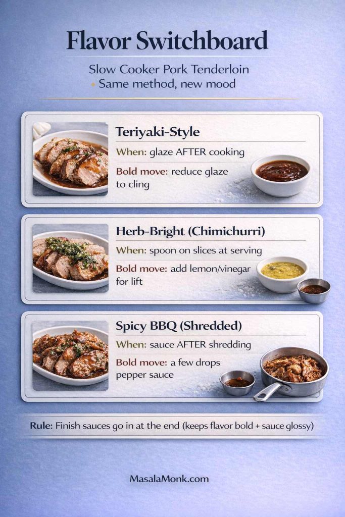 Infographic titled “Flavor Switchboard” for slow cooker pork tenderloin showing three finish options: Teriyaki-style (glaze after cooking; reduce glaze to cling), Herb-bright chimichurri (spoon on slices at serving; add lemon/vinegar), and Spicy BBQ shredded (sauce after shredding; add a few drops pepper sauce). Rule: finish sauces go in at the end to keep flavor bold and sauce glossy.