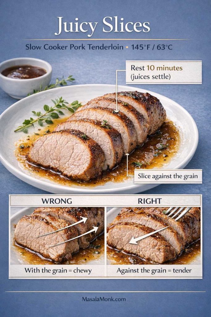 Infographic titled “Juicy Slices” for slow cooker pork tenderloin showing sliced pork on a plate with pan juices and two key tips: rest 10 minutes and slice against the grain, plus a temperature cue to pull at 145°F / 63°C and a WRONG vs RIGHT comparison of slicing direction for tender results.