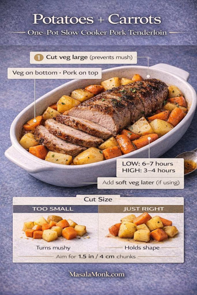 Infographic for one-pot slow cooker pork tenderloin with potatoes and carrots on a cool slate background, showing tips to cut vegetables large to prevent mush, place vegetables on the bottom with pork on top, cook LOW 6–7 hours or HIGH 3–4 hours, and a cut-size comparison of “too small” versus “just right” 1.5 in / 4 cm chunks, with MasalaMonk.com in the footer.