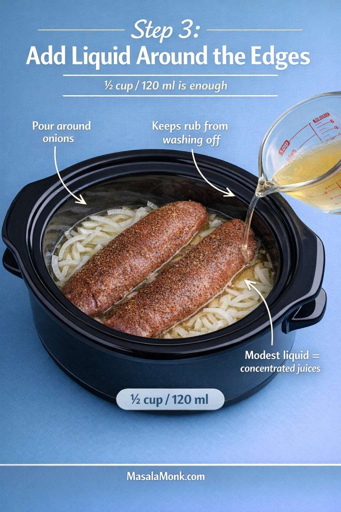 Infographic titled “Step 3: Add Liquid Around the Edges” showing broth being poured into a slow cooker around onions and pork tenderloin. Callouts say pour around onions, keeps rub from washing off, and modest liquid creates concentrated juices. Includes “½ cup / 120 ml” label and MasalaMonk.com footer.