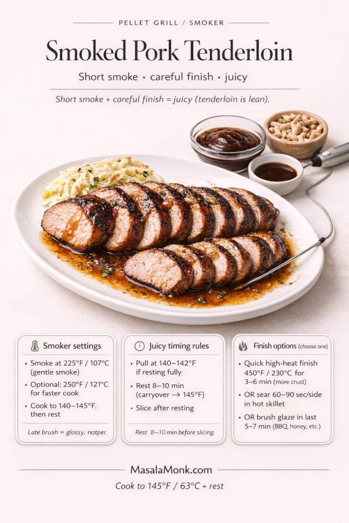 Smoked pork tenderloin on a white plate with a thermometer probe, plus a quick guide for pellet grill/smoker settings: smoke at 225°F (or 250°F), pull at 140–142°F if resting to reach 145°F, rest 8–10 minutes, and finish options like a quick high-heat blast, skillet sear, or late glaze brush-on. MasalaMonk.com.
