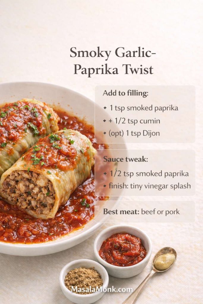 Smoky garlic–paprika keto cabbage rolls in rich tomato sauce, shown as two rolls on a plate (one cut open). Text overlay lists the twist: add 1 tsp smoked paprika, 1/2 tsp cumin, optional 1 tsp Dijon to the filling; sauce tweak adds 1/2 tsp smoked paprika and a small vinegar splash; best meat: beef or pork. MasalaMonk.com footer.
