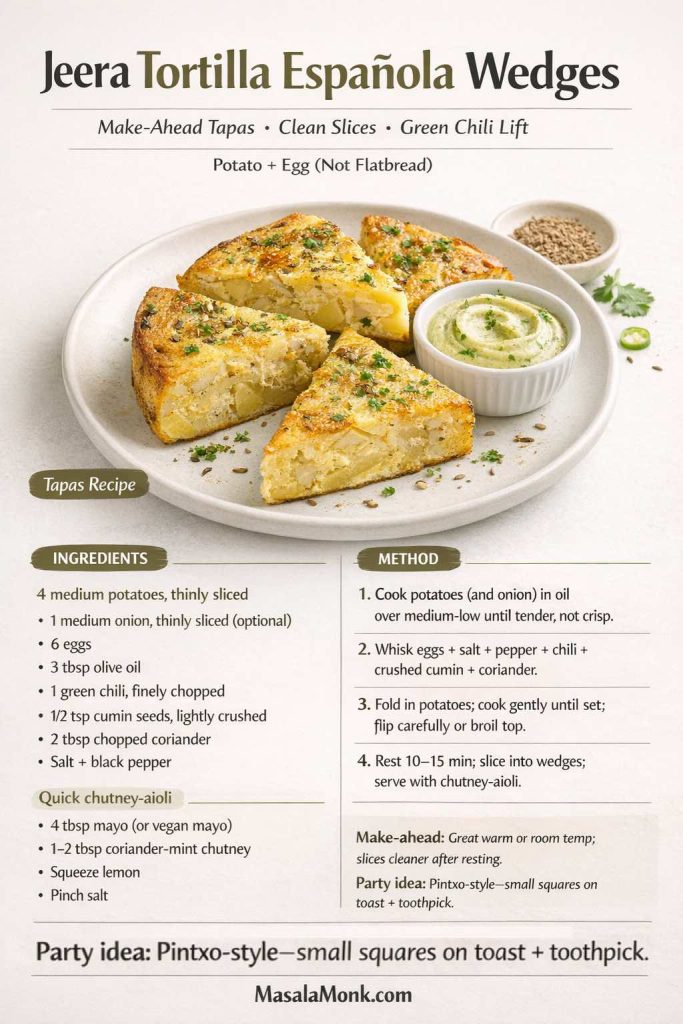 Recipe card for Jeera Tortilla Española Wedges (potato + egg, not flatbread) showing a thick Spanish potato omelette cut into wedges with herbs and cumin seeds, served with a ramekin of chutney-aioli. Includes ingredients, gentle method steps, and make-ahead and pintxo-style party notes. MasalaMonk.com footer.