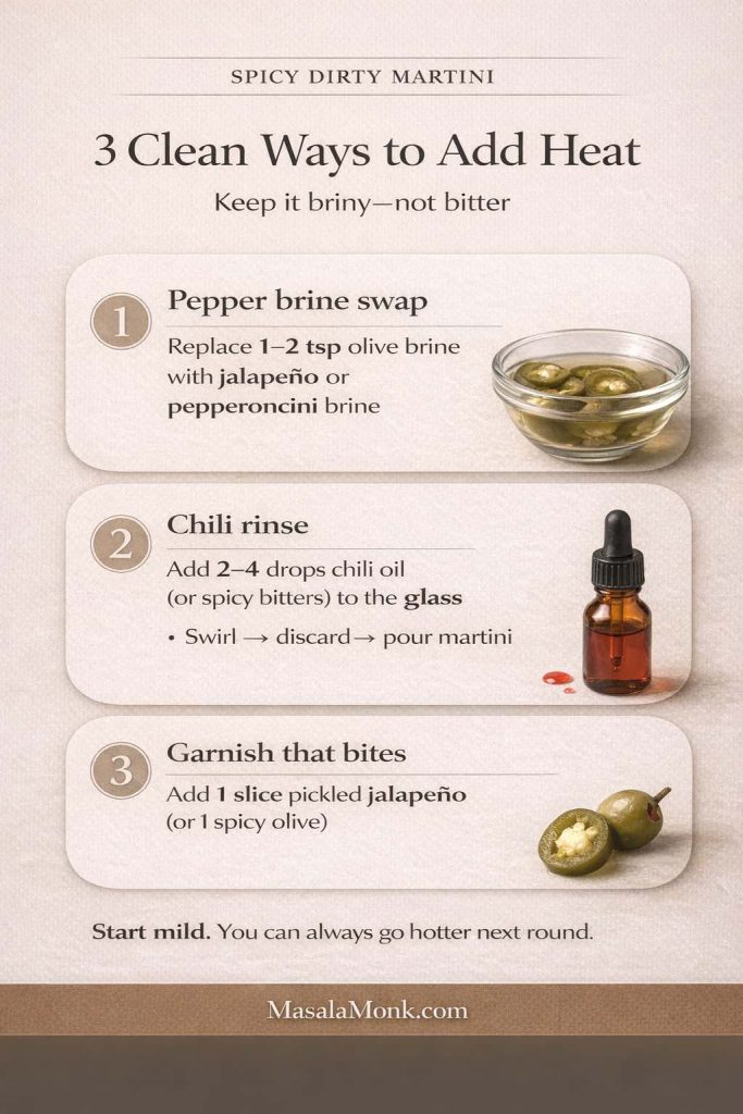 Vertical infographic titled “Spicy Dirty Martini” with headline “3 Clean Ways to Add Heat” and subtitle “Keep it briny—not bitter.” It lists three methods: 1) Pepper brine swap—replace 1–2 tsp olive brine with jalapeño or pepperoncini brine. 2) Chili rinse—add 2–4 drops chili oil (or spicy bitters) to the glass, swirl, discard, then pour martini. 3) Garnish that bites—add 1 slice pickled jalapeño (or 1 spicy olive). Bottom tip: “Start mild. You can always go hotter next round.” Footer: MasalaMonk.com.