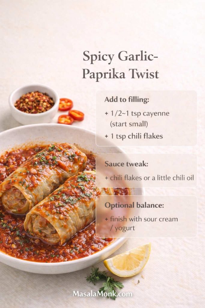 “Two keto cabbage rolls in rich tomato sauce on a light background with chili flakes and parsley; text overlay reads ‘Spicy Garlic–Paprika Twist’ with tips: add 1/2–1 tsp cayenne (start small) + 1 tsp chili flakes, sauce tweak with chili flakes or chili oil, and optional balance with sour cream/yogurt; MasalaMonk.com footer.”
