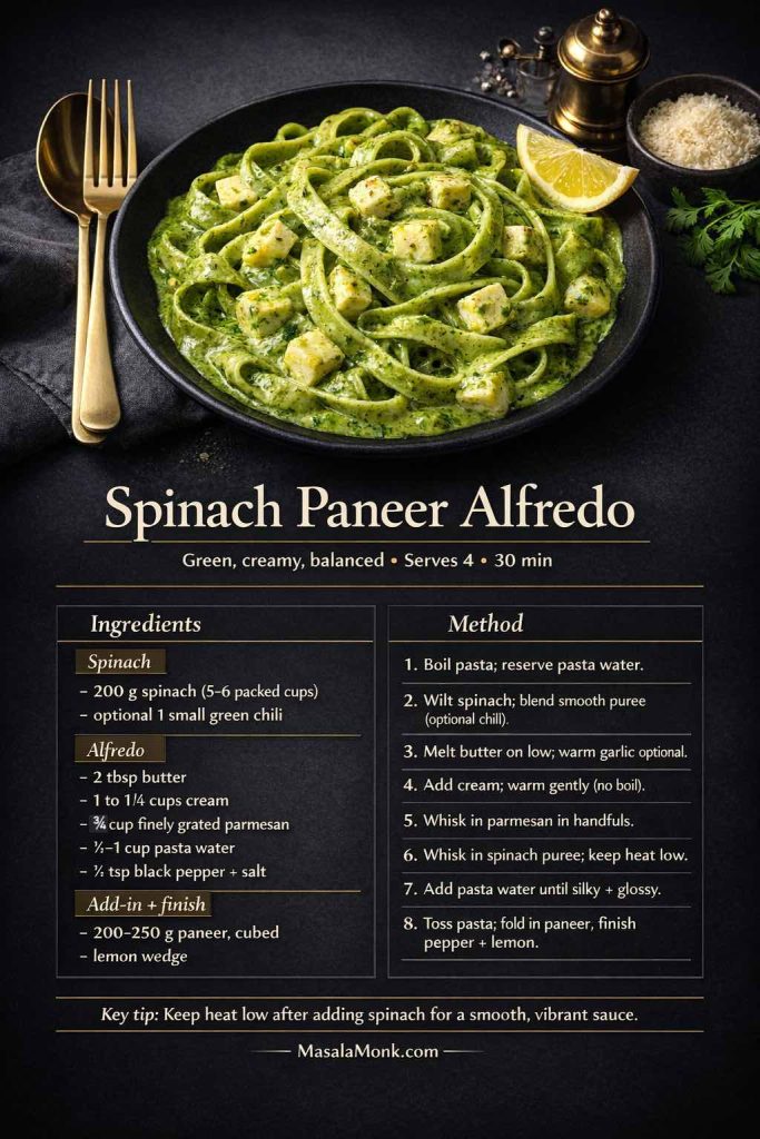 Dark luxe recipe card for Spinach Paneer Alfredo pasta showing creamy green spinach Alfredo with paneer cubes and lemon, plus ingredients and step-by-step method for blending spinach puree, keeping heat low, adding parmesan slowly, and loosening with pasta water for a silky sauce.