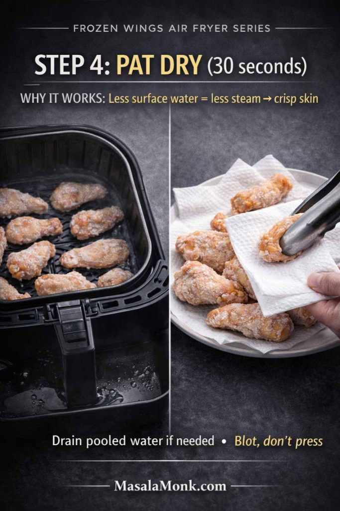 Split-screen instructional photo for frozen chicken wings in an air fryer. Left: air fryer basket with frozen drumettes and pooled water underneath after the first cook stage. Right: wings on a paper-towel-lined plate being gently blotted with tongs. Text overlay explains: less surface water = less steam = crisp skin; “drain pooled water if needed” and “blot, don’t press.” MasalaMonk.com in footer.