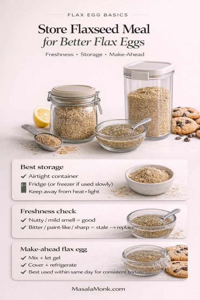 Photorealistic infographic titled “Store Flaxseed Meal for Better Flax Eggs” showing a jar and airtight container of ground flaxseed meal, a bowl of flax egg gel, measuring spoon, and cookies as a baking cue. It explains best storage (airtight container; fridge or freezer; keep away from heat and light), a freshness smell check (nutty/mild is good; bitter/paint-like/sharp means stale), and make-ahead flax egg tips (mix and let gel; cover and refrigerate; best used the same day). MasalaMonk.com branding.