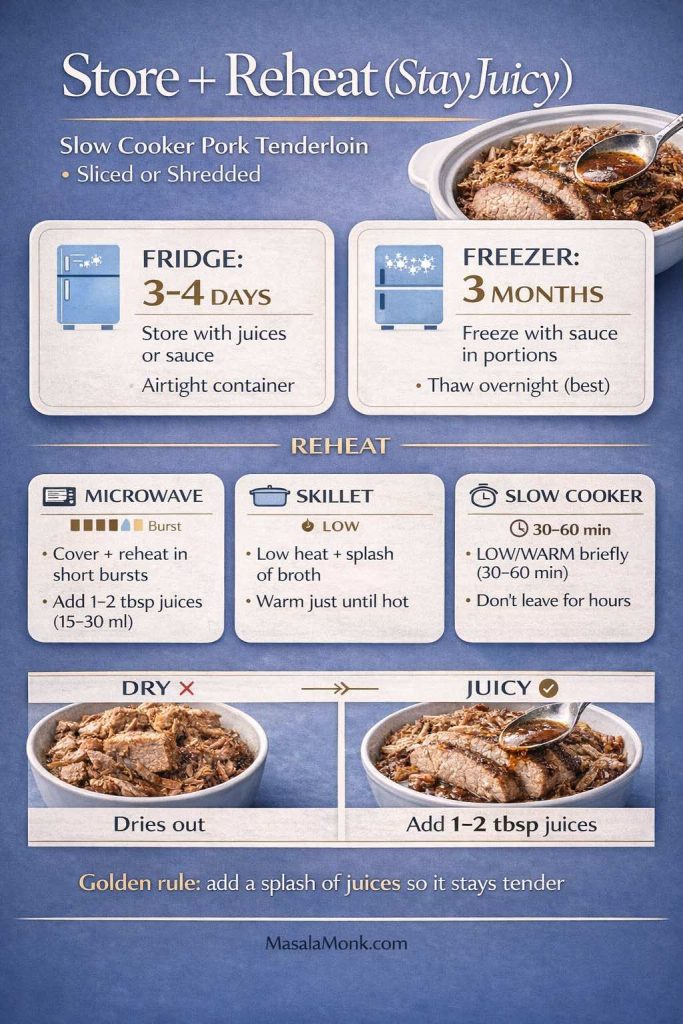 Infographic titled “Store + Reheat (Stay Juicy)” for slow cooker pork tenderloin (sliced or shredded) with fridge storage 3–4 days and freezer storage up to 3 months, plus reheating tips for microwave, skillet, and slow cooker and a reminder to add a splash of juices so the pork stays tender, on a cool slate background with MasalaMonk.com in the footer.