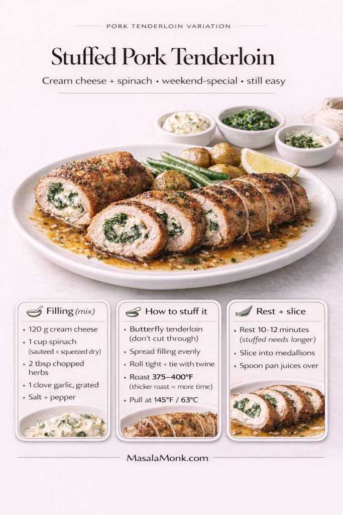 Vertical recipe card for stuffed pork tenderloin baked in the oven. Sliced pork tenderloin is rolled with a cream cheese and spinach filling, tied with twine, then roasted at 375–400°F and rested 10–12 minutes. Includes filling ingredients and simple step-by-step instructions with MasalaMonk.com branding.