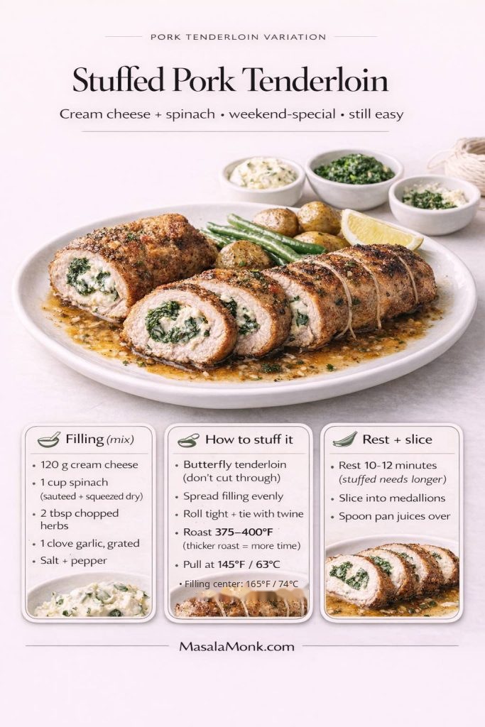 Stuffed pork tenderloin recipe card with cream cheese and spinach filling, butterfly-and-roll steps, 375–400°F oven guidance, a 165°F (74°C) filling-center target, and a 10–12 minute rest.