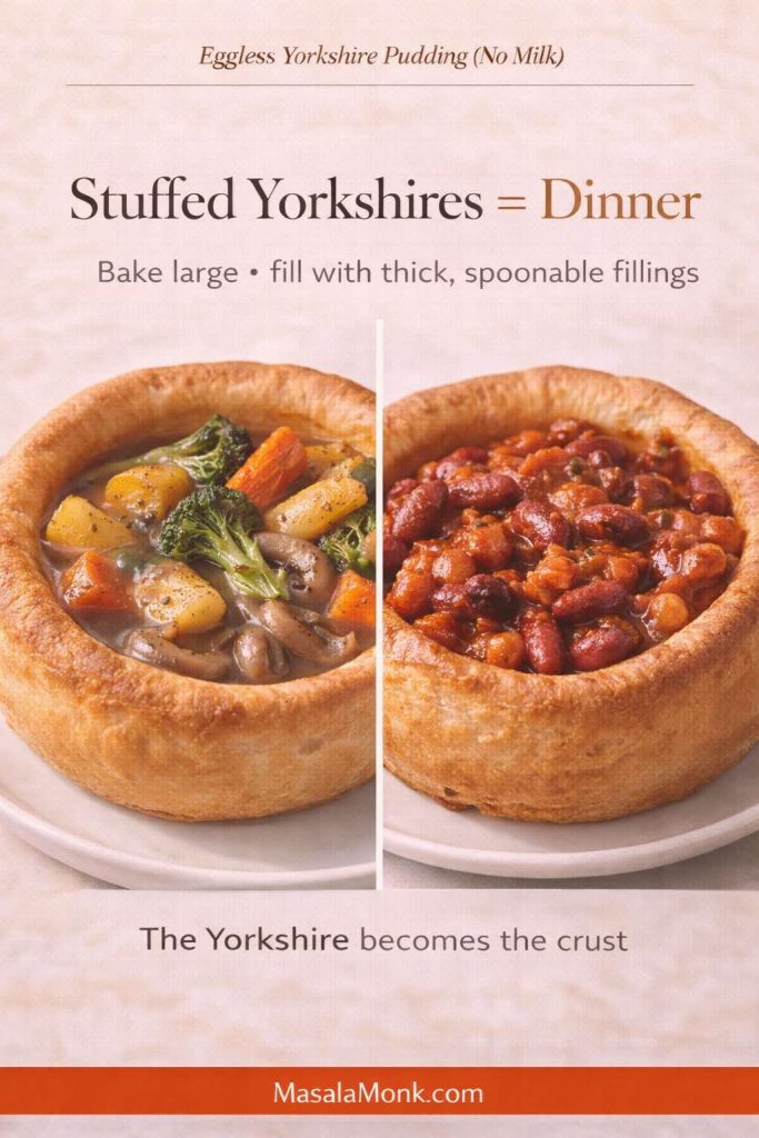 Split image of two large stuffed eggless Yorkshire puddings (no milk): one filled with mushroom-onion gravy and roasted vegetables, the other filled with thick rajma/chickpea masala; text overlay says “Stuffed Yorkshires = Dinner” and “The Yorkshire becomes the crust,” with MasalaMonk.com in the footer.
