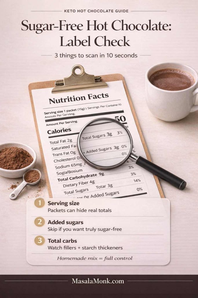 Photoreal “Sugar-Free Hot Chocolate: Label Check” guide showing a nutrition facts sheet with magnifying glass and a mug of hot cocoa, highlighting serving size, added sugars, and total carbs to help choose low carb hot chocolate mixes.