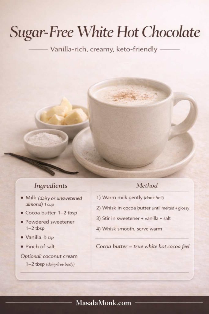 Photoreal recipe card for sugar-free white hot chocolate showing a creamy mug topped with spice, cocoa butter pieces, sweetener, and vanilla, with ingredients and steps for a vanilla-rich keto-friendly white hot cocoa.