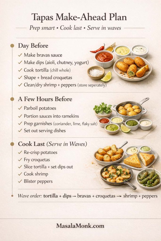 Infographic titled “Tapas Make-Ahead Plan” with a three-step timeline for hosting a tapas night: Day Before (make bravas sauce, make dips, cook tortilla, shape and bread croquetas, prep shrimp and peppers), A Few Hours Before (parboil potatoes, portion sauces, prep garnishes, set serving dishes), and Cook Last (re-crisp potatoes, fry croquetas, slice tortilla, cook shrimp, blister peppers). Includes wave order and MasalaMonk.com footer.