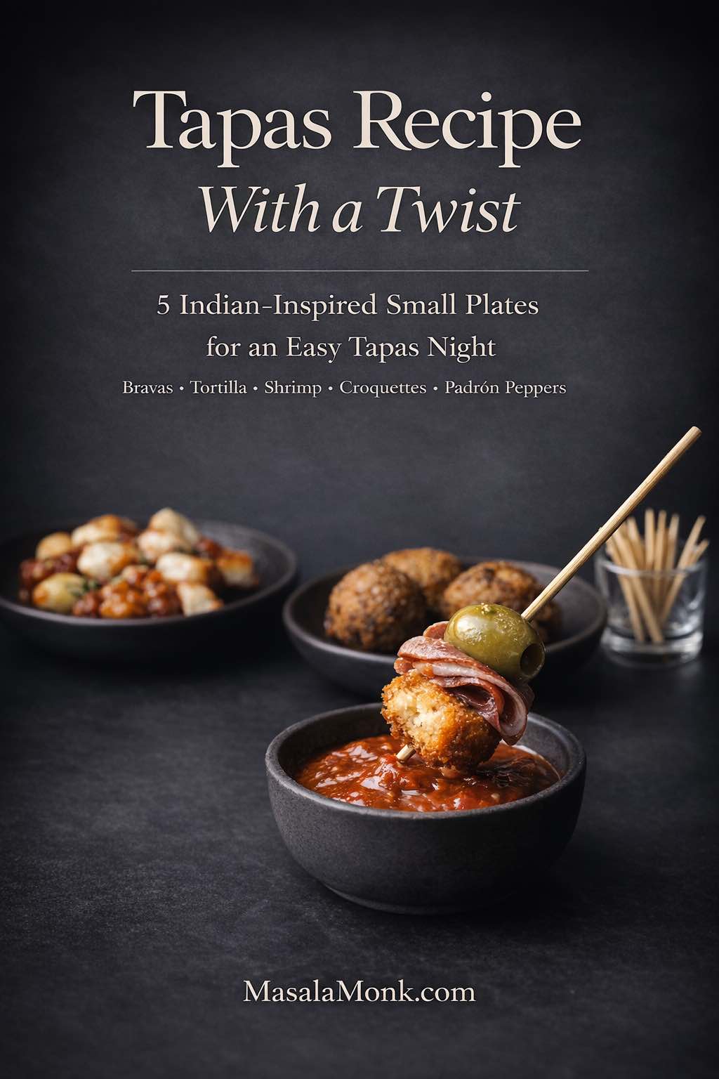 Pintxo-style skewer dipped in bravas sauce with tapas plates in the background, cover image for Tapas Recipe With a Twist featuring 5 Indian-inspired small plates for an easy tapas night.