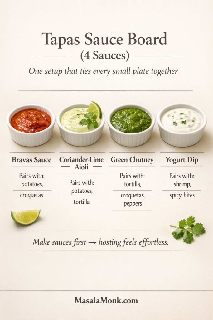 Infographic titled “Tapas Sauce Board (4 Sauces)” showing four dips for a tapas night: bravas sauce, coriander-lime aioli, green chutney, and yogurt dip. Each sauce includes pairing notes—potatoes and croquetas, potatoes and tortilla, tortilla/croquetas/peppers, and shrimp or spicy bites—plus a tip to make sauces first for effortless hosting. MasalaMonk.com footer branding.