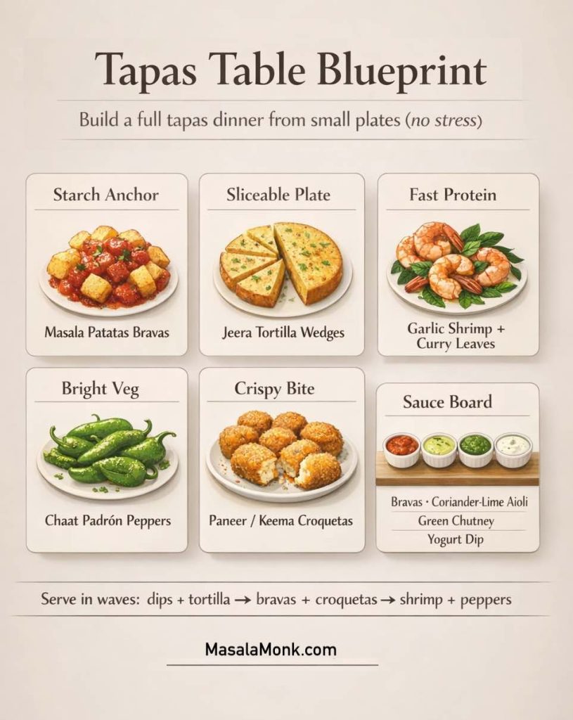 Infographic titled “Tapas Table Blueprint” showing how to build a full tapas dinner from small plates: masala patatas bravas (starch anchor), jeera tortilla wedges (sliceable plate), garlic shrimp with curry leaves (fast protein), chaat padrón peppers (bright veg), paneer/keema croquetas (crispy bite), plus a sauce board with bravas, coriander-lime aioli, green chutney, and yogurt dip. MasalaMonk.com footer.