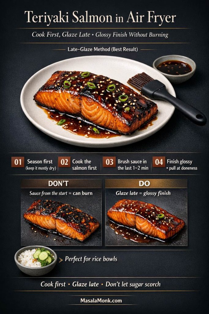 This teriyaki salmon in air fryer infographic teaches the key trick that makes teriyaki work: cook first, glaze late. The visual step sequence shows when to season, when to cook, and when to brush the teriyaki sauce (last 1–2 minutes) so the salmon gets glossy without burning. The do-vs-don’t comparison panel is especially helpful if your sweet glazes tend to scorch. It’s a great standalone save for readers who want a fast teriyaki salmon dinner with better results. Pin this for later, and read the full MasalaMonk post for timing-by-thickness and more flavor cards in the series.
